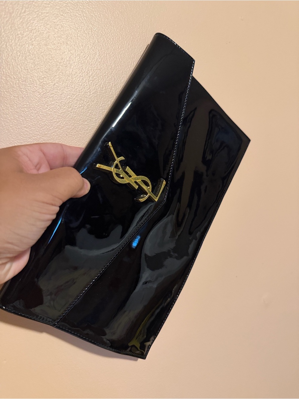 Saint Laurent Black Patent Envelope Clutch with Gold YSL Logo